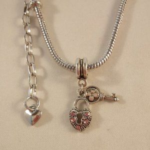 Silver European Starter Charm Bracelet Heart Lock Key Diamond Crystal Pendant